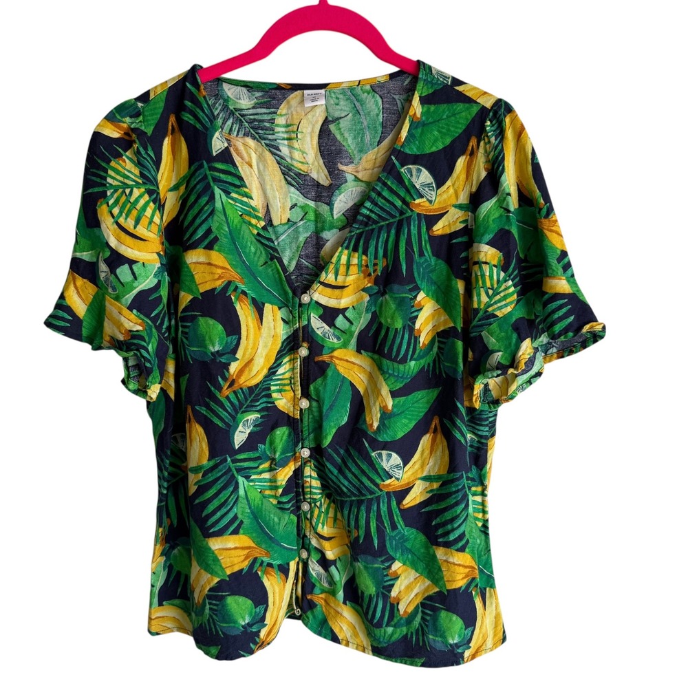 OLD NAVY‎ Banana Print Ladies Button Front Flared Sleeve Blouse, M